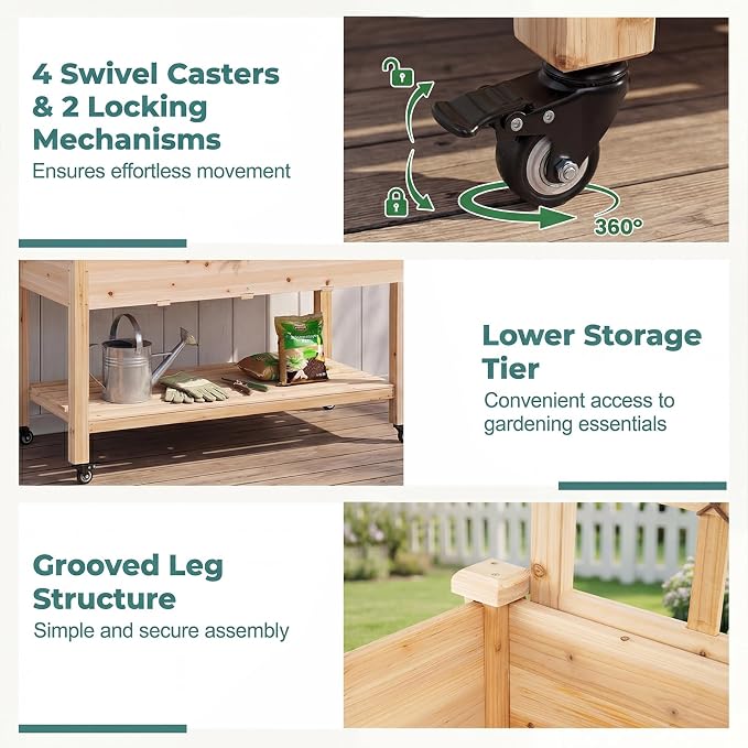 HAPPYGRILL Wooden Raised Garden Bed with Trellis, 65'' Elevated Planter Box w/Legs on Wheels, Liner & Drainage Holes for Climbing Plant Vegetable Flower, Outdoor Garden Box for Backyard Balcony (1)