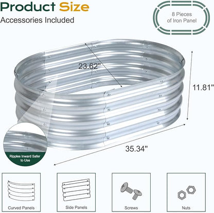 Aoodor Galvanized Raised Garden Bed Kit, 3 x 2 x 1 Ft Oval Outdoor Metal Planter Box for Vegetables, Flowers & Herbs, Silver