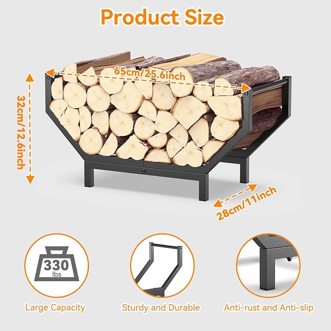 Indoor Outdoor Firewood Rack,Rustproof Metal Fireplace Wood Rack,Curved Lagre-Capacity Firewood holder,Heavy Duty Log Rack,Black