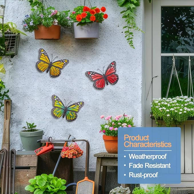 EOORAU Metal Butterfly Wall Decor - 3 Pack Lifelike Butterflies Wall Art Sculpture Hanging Decorations for Indoor or Outdoor, Yard Patio Fence Garden Decoration
