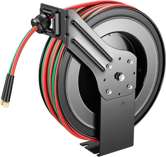 VEVOR Retractable Welding Hose Reel, 1/4 Inch x 100FT Twin Oxygen Acetylene Rubber Hose Max 300PSI - R Grade, Ceiling/Wall Mount Heavy Duty Steel Hose Reel Auto-Rewind, Ideal for Workshops Garages