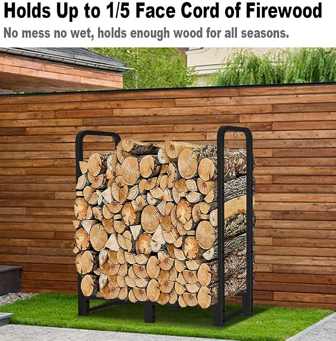 3FT Firewood Rack Stand Heavy Duty Logs Holder for Outdoor Indoor Fireplace Metal Wood Pile Storage Stacker Organzier, Matte Black