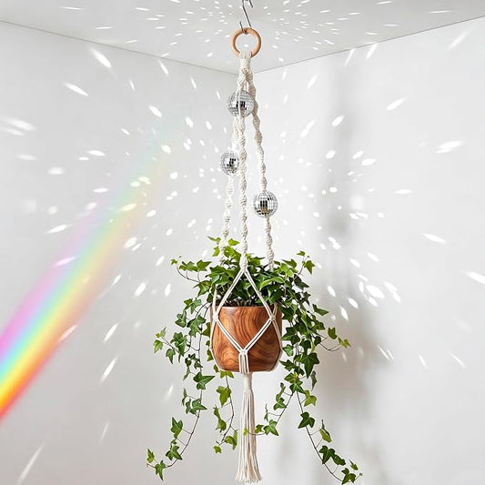 Shappy 1 Pack Boho Macrame Plant Hanger, Large Hanging Planter Plant Holder Pot Hanger Hanging Basket Wall Planters, Plants Lover Gift for Indoor Garden (Disco Ball,White)