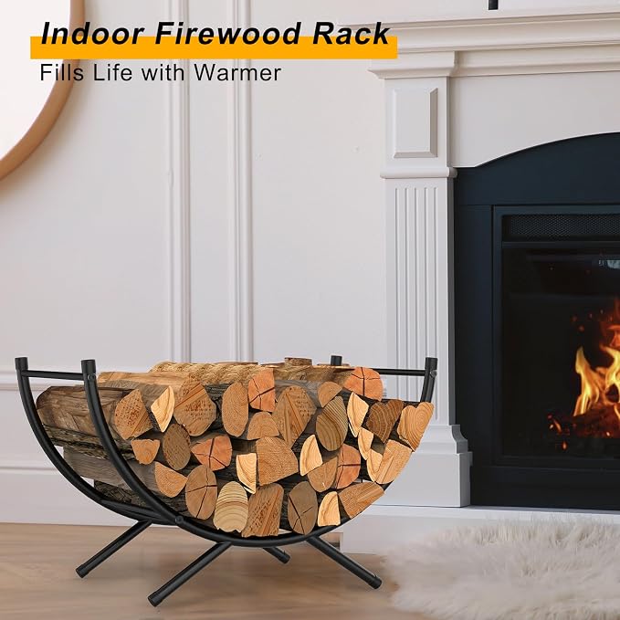 NANANARDOSO Curved Firewood Rack，24 inches Powder-coated Metal Fireplace Log Holder for Firewood Storage，Ideal for Indoor and Outdoor Fireplaces Wood Storage，Black
