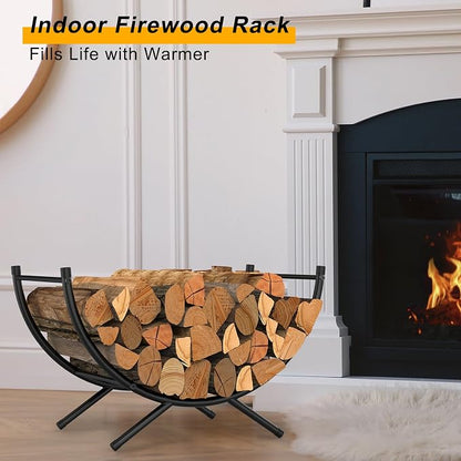 NANANARDOSO Curved Firewood Rack，24 inches Powder-coated Metal Fireplace Log Holder for Firewood Storage，Ideal for Indoor and Outdoor Fireplaces Wood Storage，Black