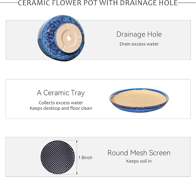 10.3 Inch Ceramic Planter with Saucer,Modern Garden Pots with Drainage Hole Mesh Net, for Indoor Outdoor Use (Speckle Blue)