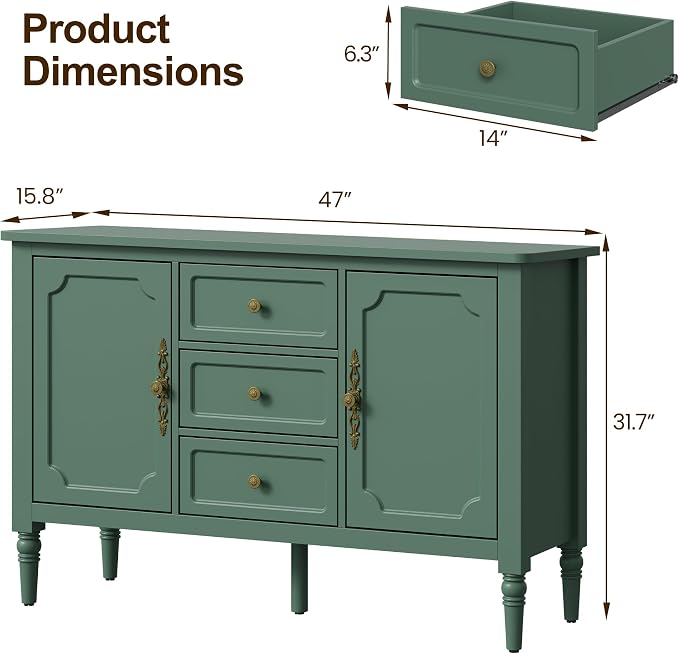 RoyalCraft Buffet Cabinet with 2 Doors & 3 Drawers, Vintage Sideboard with Storage, Painted Coffee Bar Table with Solid Wood Legs, Ideal for Kitchen, Living Room, Dining Room, Green