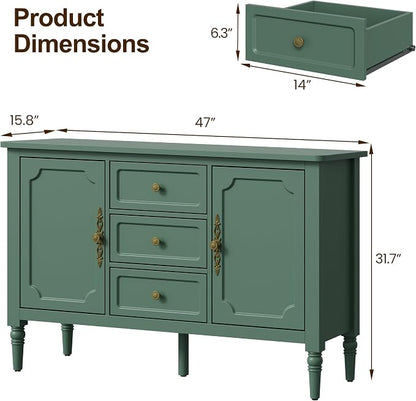 RoyalCraft Buffet Cabinet with 2 Doors & 3 Drawers, Vintage Sideboard with Storage, Painted Coffee Bar Table with Solid Wood Legs, Ideal for Kitchen, Living Room, Dining Room, Green