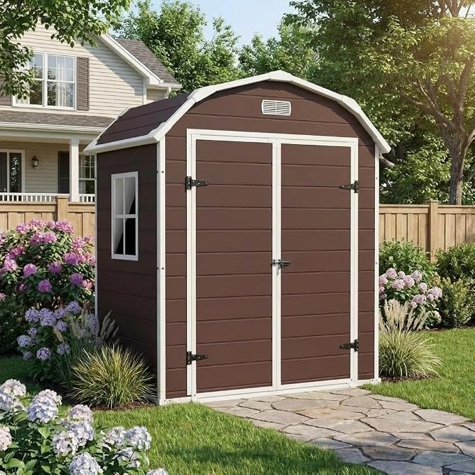 Resin Shed with Floor 6x4.5 FT, Top Larger Storage Space, Outdoor Storage Shed with Lockable Door, Outside Shed Perfect to Store Patio Furniture, GardenTools Bike Accessories, for Gardens, Backyards