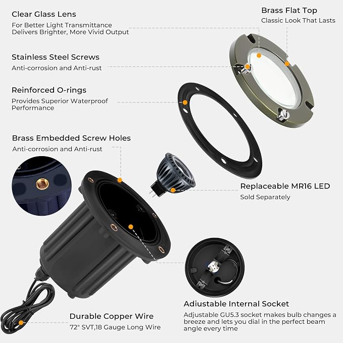 Gardencoin Brass Low Voltage Landscape Well Lights (5" Cover, 5.5" Tall), 12V LED Wired In-Ground Outdoor Up Lighting Fixture Waterproof, Adjustable Beam Direction Base, Without MR16 Bulb (12 Pack)