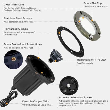 Gardencoin Brass Low Voltage Landscape Well Lights (5" Cover, 5.5" Tall), 12V LED Wired In-Ground Outdoor Up Lighting Fixture Waterproof, Adjustable Beam Direction Base, Without MR16 Bulb (4 Pack)