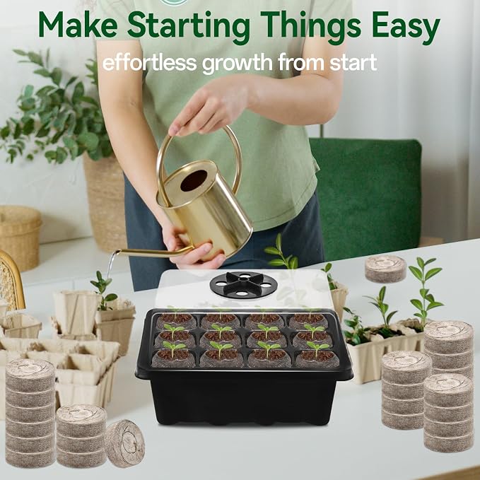 Halatool 8 Pack Seed Starter Tray with 100 PCS Peat Pellets, 96 Cells Black Seeding Starter Trays for Organic Seed Starter Soil Pods for Planting Vegetables Plants Flowers - Starting Seeds Kit