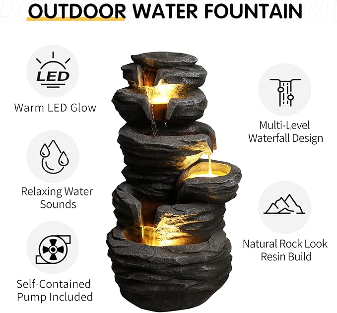 25.6" Outdoor Waterfall Fountain,Small Outdoor Fountain with LED Lights, Cascading Rock Design Garden Water Feature, freestanding Resin Fountain for Patio Backyard Porch Decor