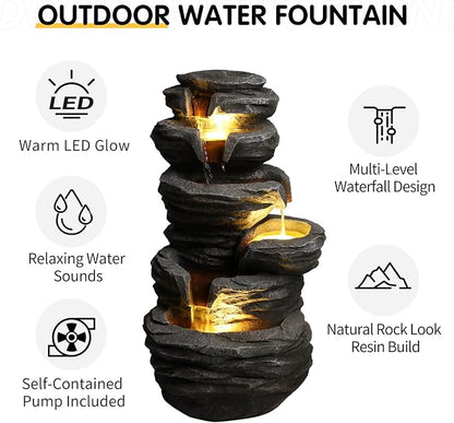 25.6" Outdoor Waterfall Fountain,Small Outdoor Fountain with LED Lights, Cascading Rock Design Garden Water Feature, freestanding Resin Fountain for Patio Backyard Porch Decor