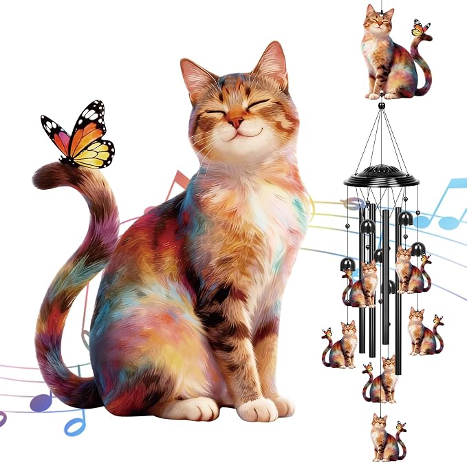 YHmall Cat Gifts for Women, 35 in Wind Chimes for Outside Mothers Day Gardening Gifts for Mom Colorful Metal Memorial Wind Chime Cat Decor for Home Yard Patio Garden Outdoor