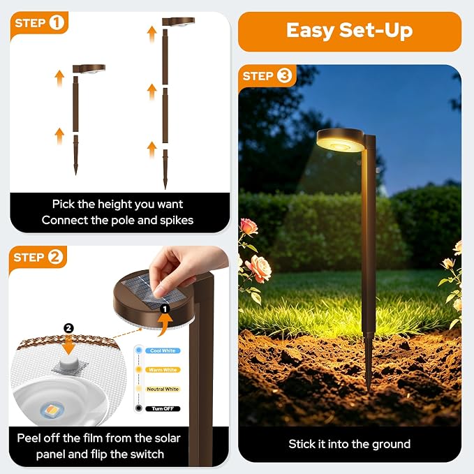 APONUO 12 Pack Solar Pathway Lights Outdoor, 3 Color Temperatures Selectable CCT, Focused Ground Spot Lens, Brighter Up to 12 Hrs IP65 Waterproof Path Lights for Walkway Driveway Yard Garden(Brown)
