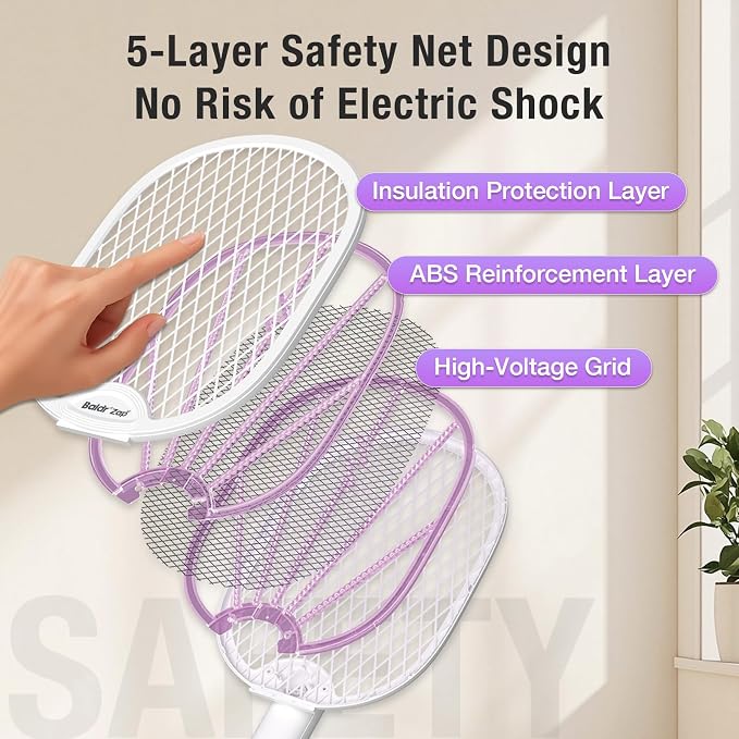 BALDR Electric Fly Swatter Racket, Foldable 2 in 1 Bug Zapper 3000V Powerful Mosquito Killer with Purple Attractant Trap Lamp, 1200mAh Type-C Rechargeable for Indoor Home Office Patio Camping