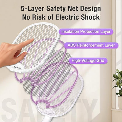 BALDR Electric Fly Swatter Racket, Foldable 2 in 1 Bug Zapper 3000V Powerful Mosquito Killer with Purple Attractant Trap Lamp, 1200mAh Type-C Rechargeable for Indoor Home Office Patio Camping