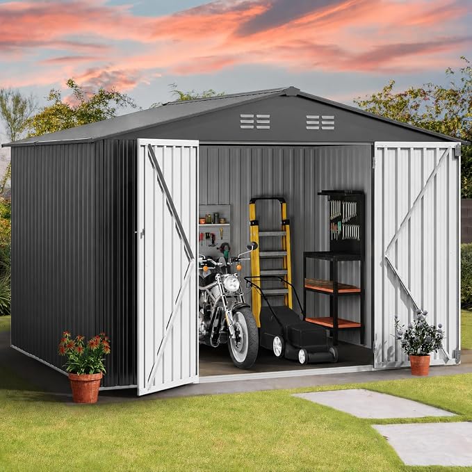 DWVO 10x8ft Outdoor Storage Shed, Large Metal Tool Sheds, Heavy Duty Storage House with Lockable Doors & Air Vent for Backyard Patio Lawn to Store Bikes, Tools, Lawnmowers, Dark Gray