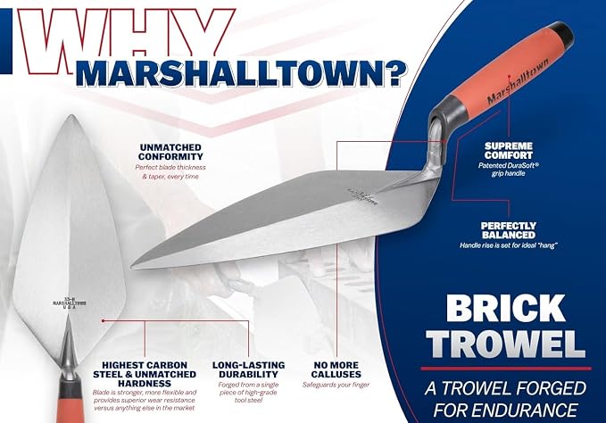 Marshalltown Philadelphia Brick Trowel, 11 x 5 1/2 Inch, DuraSoft Handle, Assembled in USA, Forged High Carbon Steel, Brickwork, Blockwork, Stonework, Masonry Trowel, Bricklayer Tools, 19 11FG