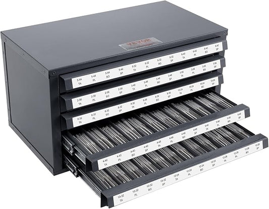 VEVOR Five-Drawer 2-56-#12-28 Steel Dispenser Organizer Labels, 60-Compartment Stackable Cabinet for Tap Storage, Gray with Orange Texture