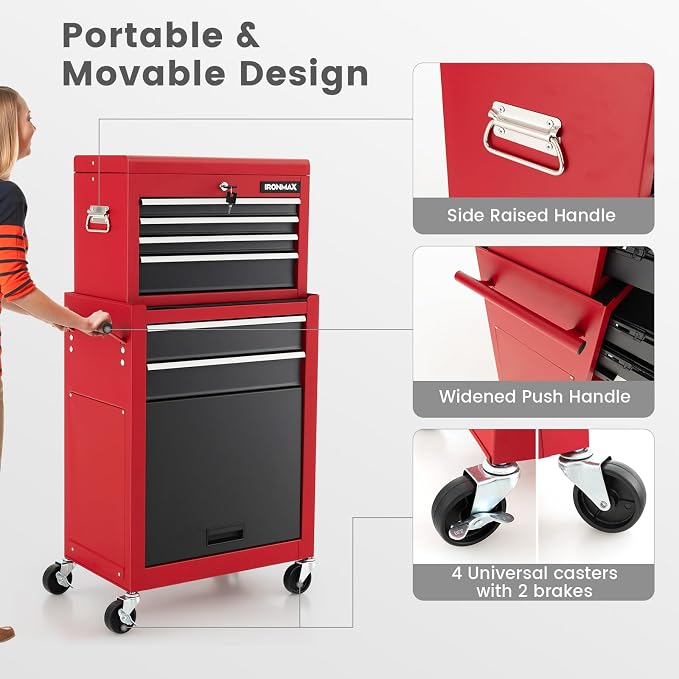ERGOMASTER Tool Cabinet Chest Include 4-Drawers Removable Top Box + 2-Drawer & Caibinet Capacity Tool Storage with Wheels and Locking System - BlackRed 6-Drawers, TOOLBOX-2023