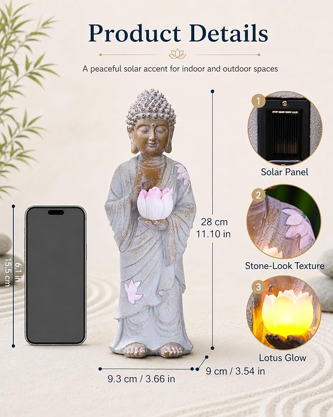 Nacome Solar Buddha Garden Statue Decor: Standing Resin Figurine with Lotus Flower Light Zen Sculpture for Patio Lawn Yard Porch Balcony Meditation Space - 11 inches(White)