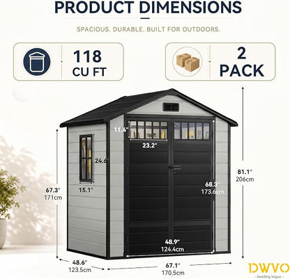 DWVO 6x4.4 FT Outdoor Storage Shed with Fence-Style and Side Windows, Lockable Door and Vents Resin Storage Shed for Garden, Backyard, Patio, Lawn