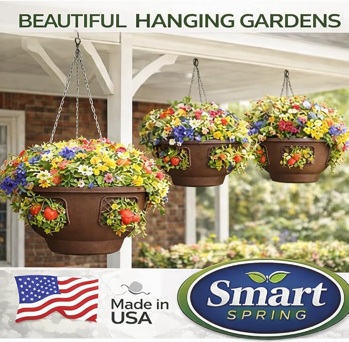 Hanging Planter Basket 10 Pack Bulk, Easy Fill Strawberry Planter, Outdoor Hanging Basket with Side Planting Panels, Durable UV Resistant Planters, Made in USA (10, Mocha)