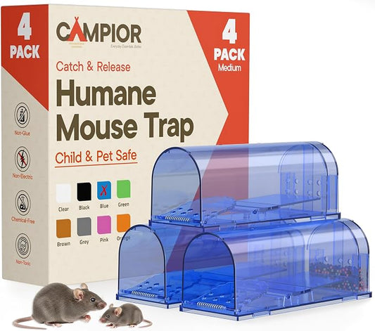 Campior Humane Mouse Trap Pack of 4, Live Mouse Traps Catch and Release for Indoors & Outdoors, Pet & Child Safe, 6.69" Reusable Plastic Mouse Cage with Spring Door, Cleaning Brush Included, Blue