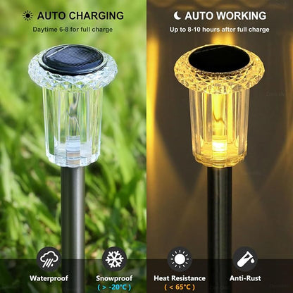 DenicMic Solar Garden Lights Outdoor Waterproof Warm White LED 15 Pack | Yard Garden Driveway Walkway Landscape Path Lights, Starburst Pattern, Acrylic Diamond-like Lampshade Stainless Steel Pole
