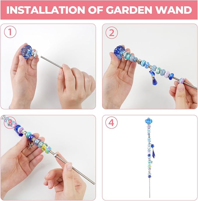 184 Pcs DIY Beaded Garden Stakes Kit with Crystal Stoppers | Garden stakes kit with beads colorful crystal stoppers, DIY fairy wands, garden decor, outdoor crafts
