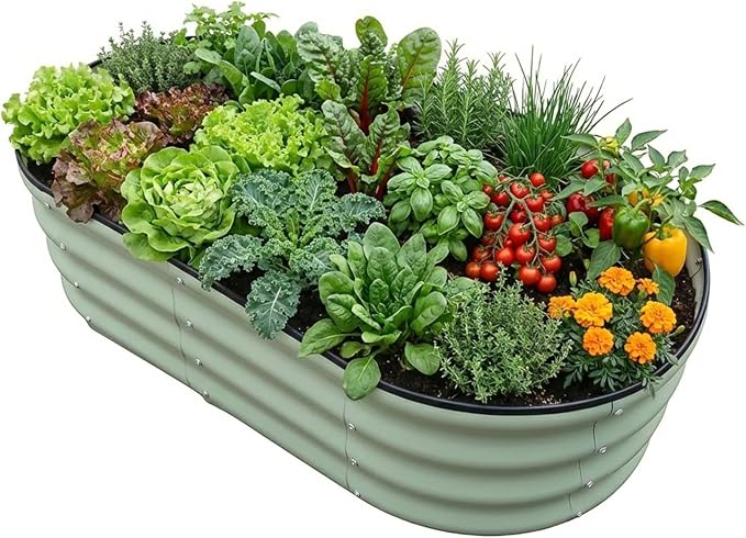 Raised Garden Bed, Metal Planter Box, Oval Shape, Outdoor Planting,Vegetable Flower Herb Planter(1 PCS of 4×2×1 ft, Green Oval)