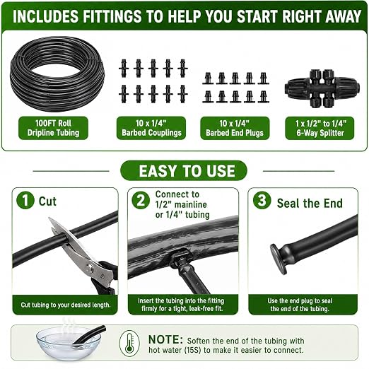 1/4" Drip Irrigation Dripline Tubing 100FT, Built-in 0.5 GPH Emitters Every 6", Drip Line with 1/4" Fittings, Saving 80% Water, No Extra Drippers Needed for Raised Bed Garden Rows Flower Beds