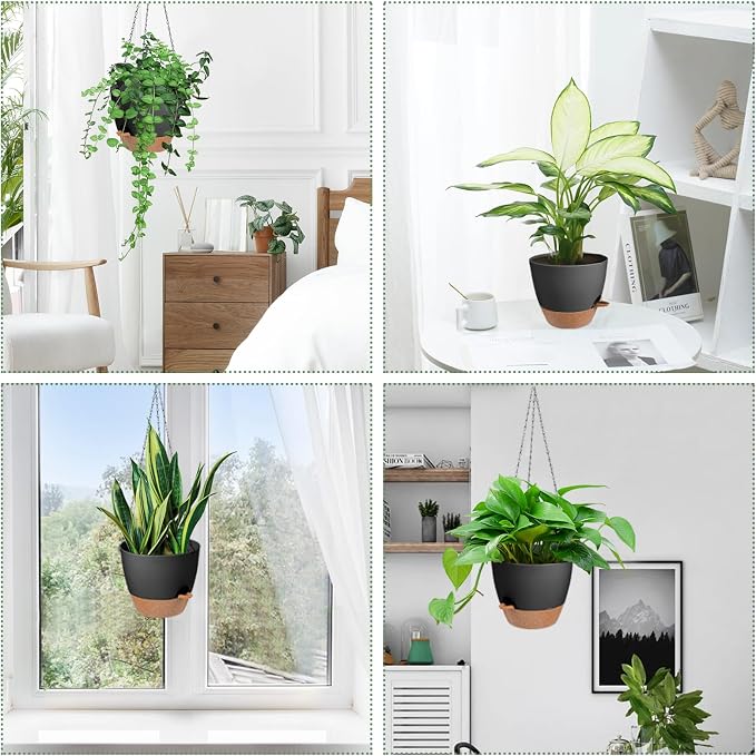 Vanslogreen Hanging Planters for Indoor Outdoor Plants, 2 Pack Self Watering Hanging Pot with Drainage Holes & Removable Tray (Black, 6'')
