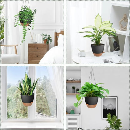 Vanslogreen Hanging Planters for Indoor Outdoor Plants, 2 Pack Self Watering Hanging Pot with Drainage Holes & Removable Tray (Black, 6'')