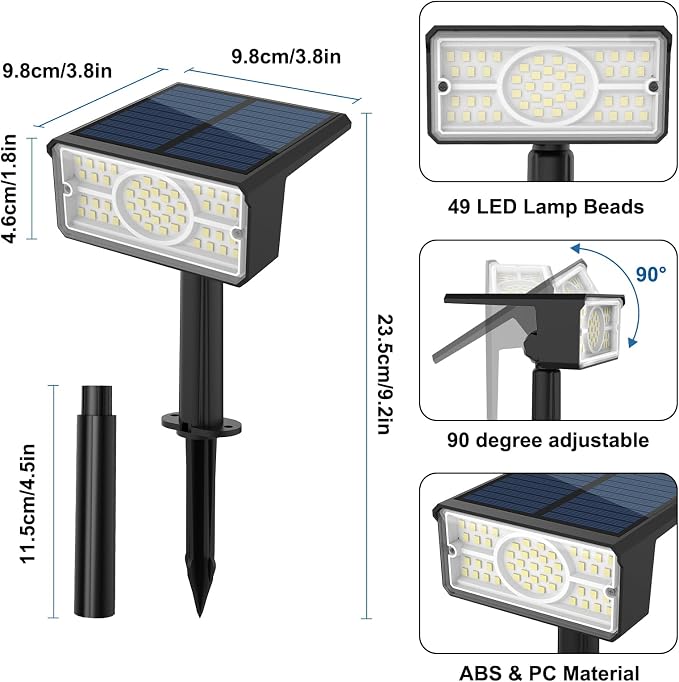 T-SUN Solar Spot Lights Outdoor 4 Pack, 49 LED 2 Lighting Modes, IP65 Waterproof Solar Landscape Spotlights, Dusk to Dawen LED Lights for Yard, Garden, Driveway, Pathway (White)