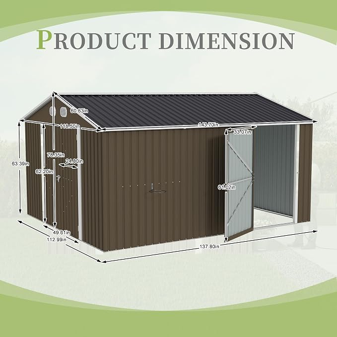 YOPTO 12X10 FT Metal Outdoor Storage Shed W/Flower Pot Stand,Brown | 3 Lockable Doors,Air Vent,Sloped Roof,Reinforced Structure,Waterproof Outdoor Shed for Garden,Patio,Backyard,Lawn