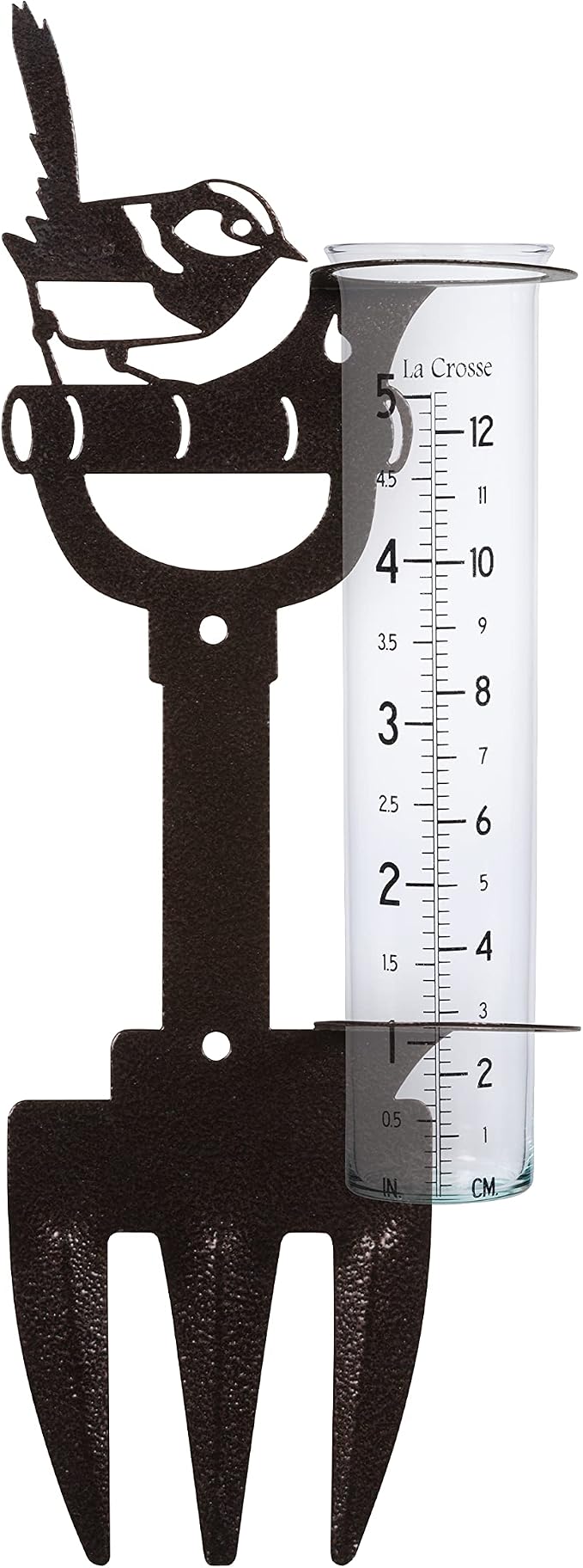 La Crosse 704-98937-INT Bird and Shovel Metal Garden Rain Gauge with 5" Glass Tube