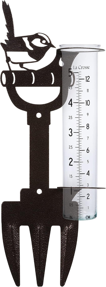 La Crosse 704-98937-INT Bird and Shovel Metal Garden Rain Gauge with 5" Glass Tube