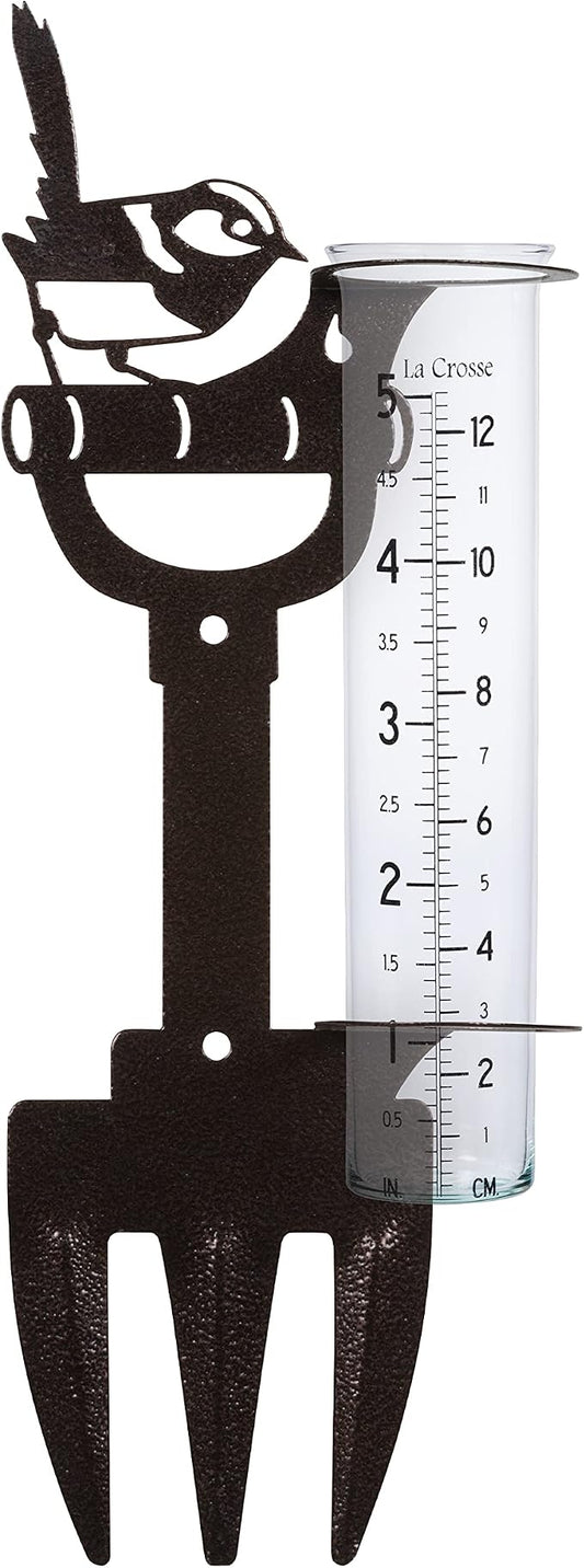 La Crosse 704-98937-INT Bird and Shovel Metal Garden Rain Gauge with 5" Glass Tube