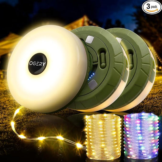 OGERY 3-Pack Camping String Lights, 32.8FT Rechargeable Lights