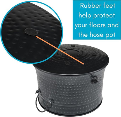 BIRDROCK HOME Decorative Water Hose Holder Pot with Lid | Holds 200ft Hose | Hammered Charcoal Exterior | Ground Garden Hose Box | Handles | Metal Hider | Outdoor or Indoor Use