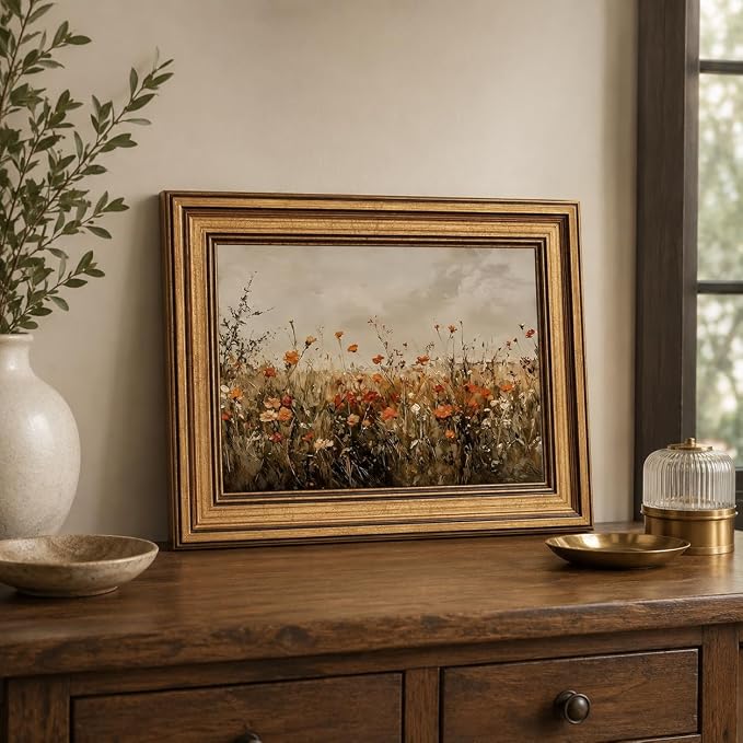 Devunaty Gold Framed Wall Art Vintage Flower Canvas Wall Art for Living Room Wildflower Field Nature Landscape Wall Decor Painting Picture Rustic Farmhouse Print Artwork Bedroom Bathroom Decor 12"x16"