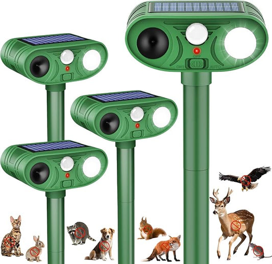 Ultrasonic Deer Repellent Devices Solar Animal Repellent Outdoor with Motion Sensor to Keep Cat Rabbit Raccoon Out of Yard Garden Farm Squirrel Fortress Pro Deer Deterrent for Plant,4Pack