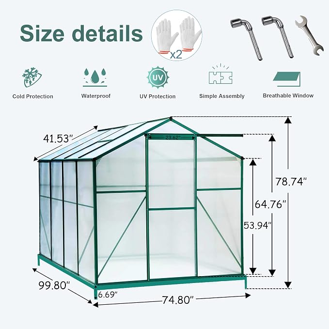 6'x 8' Polycarbonate Greenhouse with Thickened Aluminum and Sliding Door,Heavy Duty Walk-in Plant Garden Green House,W/ Drainage System,for Backyard,Terrace,Garden,Green