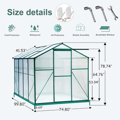 6'x 8' Polycarbonate Greenhouse with Thickened Aluminum and Sliding Door,Heavy Duty Walk-in Plant Garden Green House,W/ Drainage System,for Backyard,Terrace,Garden,Green