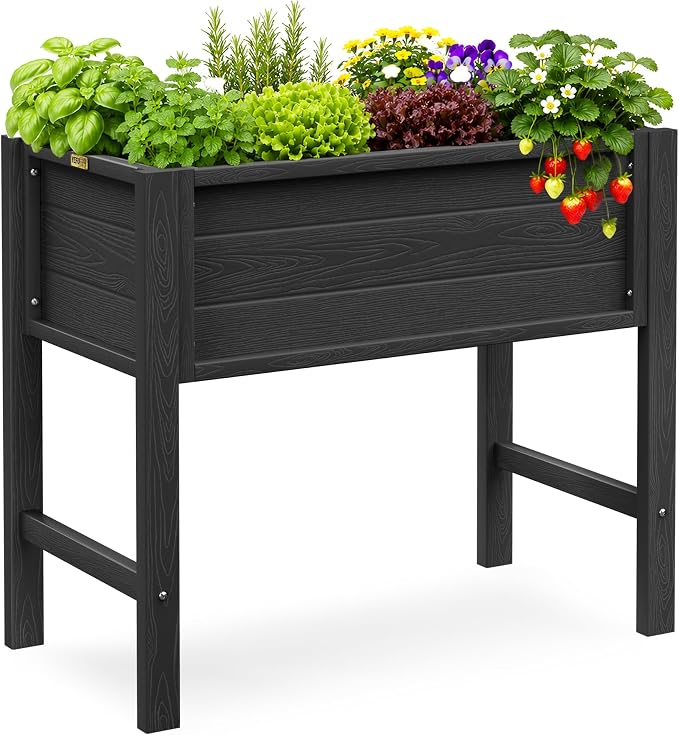 YEFU Raised Garden Bed with Legs: Compact Waterproof HDPS Outdoor Elevated Planter Box with Drainage Holes - 34x18x30 Inch for Patio/Balcony to Grow Vegetables/Herbs - 385 lbs Capacity, Black