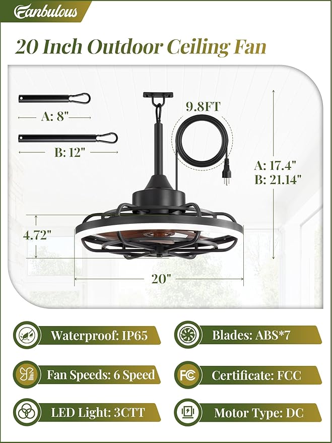 Fanbulous Outdoor Ceiling Fans with Light for Patios, 20" Weatherproof Plug in Ceiling Fan, Gazebo Fan Remote&APP Control, 3CCT Dimmable,Caged Ceiling Fan with Hanging Hook for Porch, Pergola,Canopy