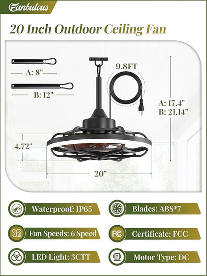 Fanbulous Outdoor Ceiling Fans with Light for Patios, 20" Weatherproof Plug in Ceiling Fan, Gazebo Fan Remote&APP Control, 3CCT Dimmable,Caged Ceiling Fan with Hanging Hook for Porch, Pergola,Canopy